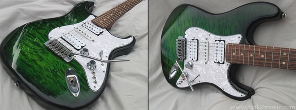 Green Warmoth Strat with a Mahogany Body, Quilted Maple Top, Goncalo Alves neck and Pau Fero Fretboard